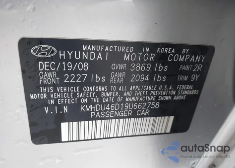2009 Hyundai Elantra Se z USA, uszkodzony, nr VIN KMHDU46D19U662758